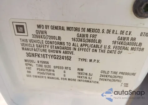 2000 Chevrolet Suburban 1500 Ls из США, поврежденный, VIN 3GNFK16T1YG224162